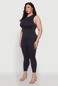 Womens Seamless Ribbed Knit Sleeveless Jumpsuit with Zip Neck, Black, Size 1X-2X