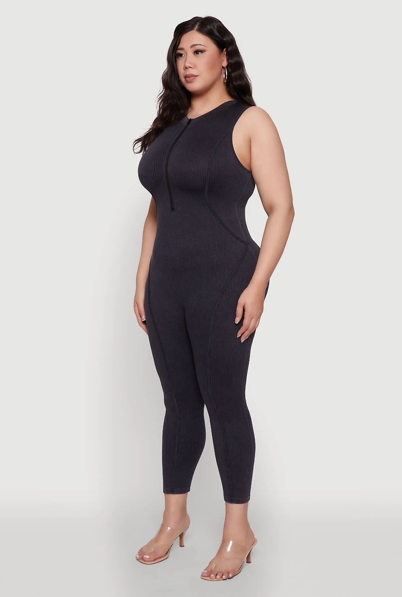 Womens Seamless Ribbed Knit Sleeveless Jumpsuit with Zip Neck, 2X-3X