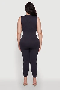 Womens Seamless Ribbed Knit Sleeveless Jumpsuit with Zip Neck, Black, Size 1X-2X
