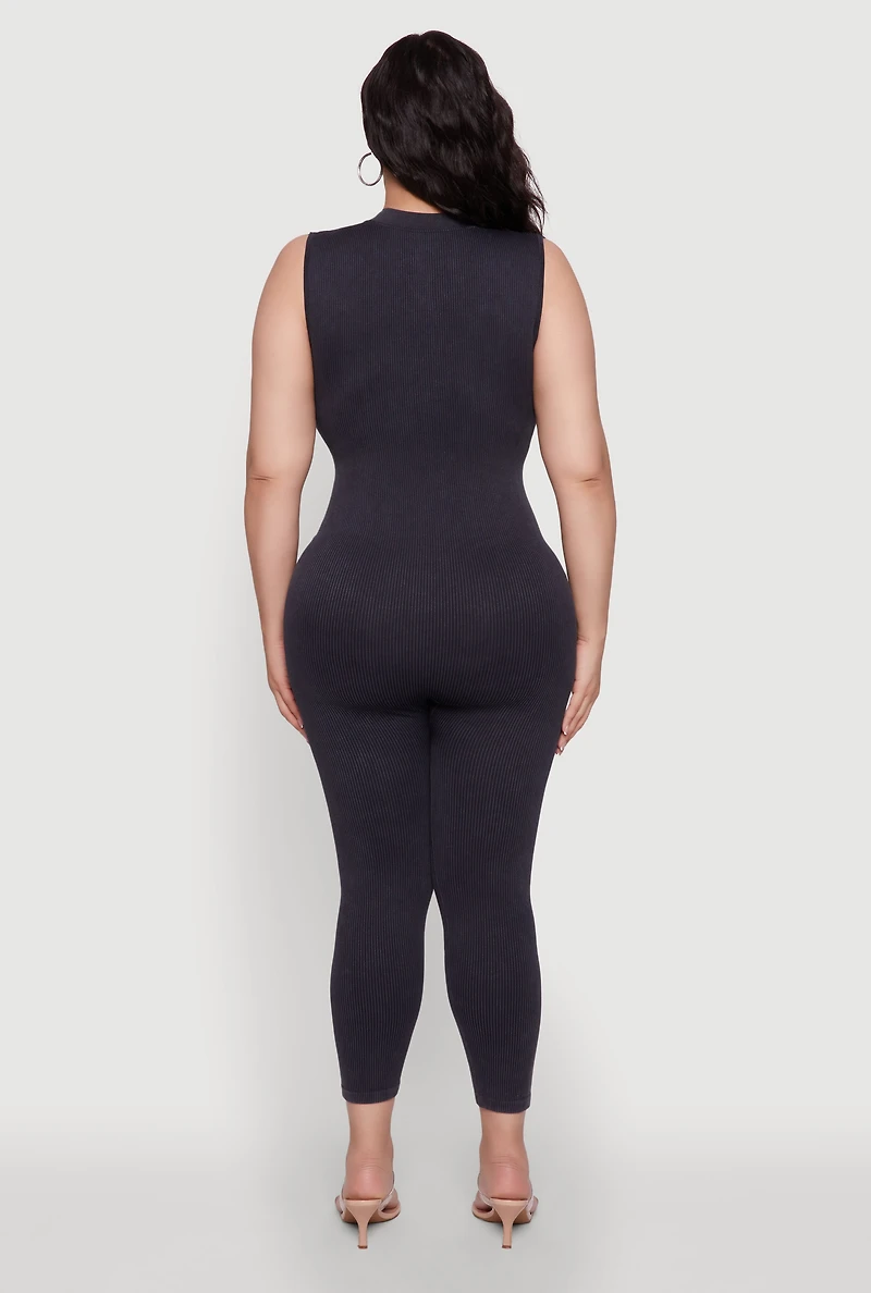 Womens Seamless Ribbed Knit Sleeveless Jumpsuit with Zip Neck, 2X-3X