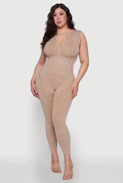 Womens Seamless Ribbed Knit Sleeveless Jumpsuit with Zip Neck, Beige, Size 2X-3X