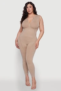 Womens Seamless Ribbed Knit Sleeveless Jumpsuit with Zip Neck, Beige, Size 2X-3X