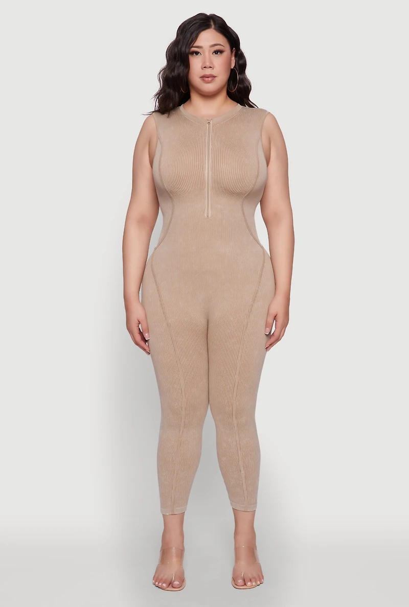 Womens Seamless Ribbed Knit Sleeveless Jumpsuit with Zip Neck, Beige, Size 2X-3X