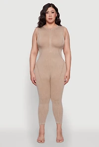 Womens Seamless Ribbed Knit Sleeveless Jumpsuit with Zip Neck, Beige, Size 2X-3X