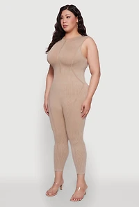 Womens Seamless Ribbed Knit Sleeveless Jumpsuit with Zip Neck, Beige, Size 2X-3X