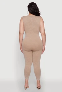 Womens Seamless Ribbed Knit Sleeveless Jumpsuit with Zip Neck, Beige, Size 2X-3X