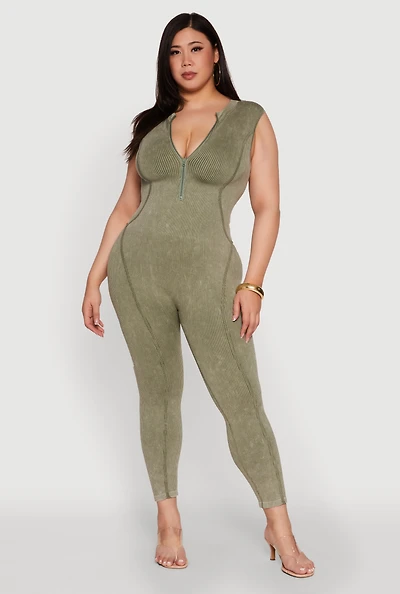 Womens Seamless Ribbed Knit Sleeveless Jumpsuit with Zip Neck, Green, Size 1X-2X
