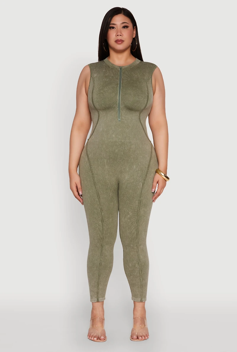 Womens Seamless Ribbed Knit Sleeveless Jumpsuit with Zip Neck, Green, Size 1X-2X