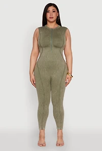 Womens Seamless Ribbed Knit Sleeveless Jumpsuit with Zip Neck, Green, Size 1X-2X