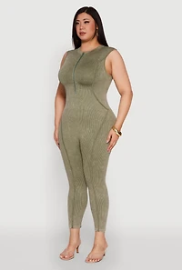 Womens Seamless Ribbed Knit Sleeveless Jumpsuit with Zip Neck, Green, Size 1X-2X