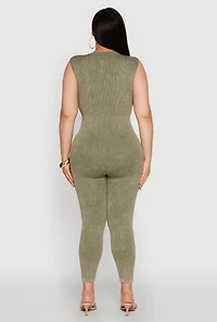 Womens Seamless Ribbed Knit Sleeveless Jumpsuit with Zip Neck, Green, Size 1X-2X