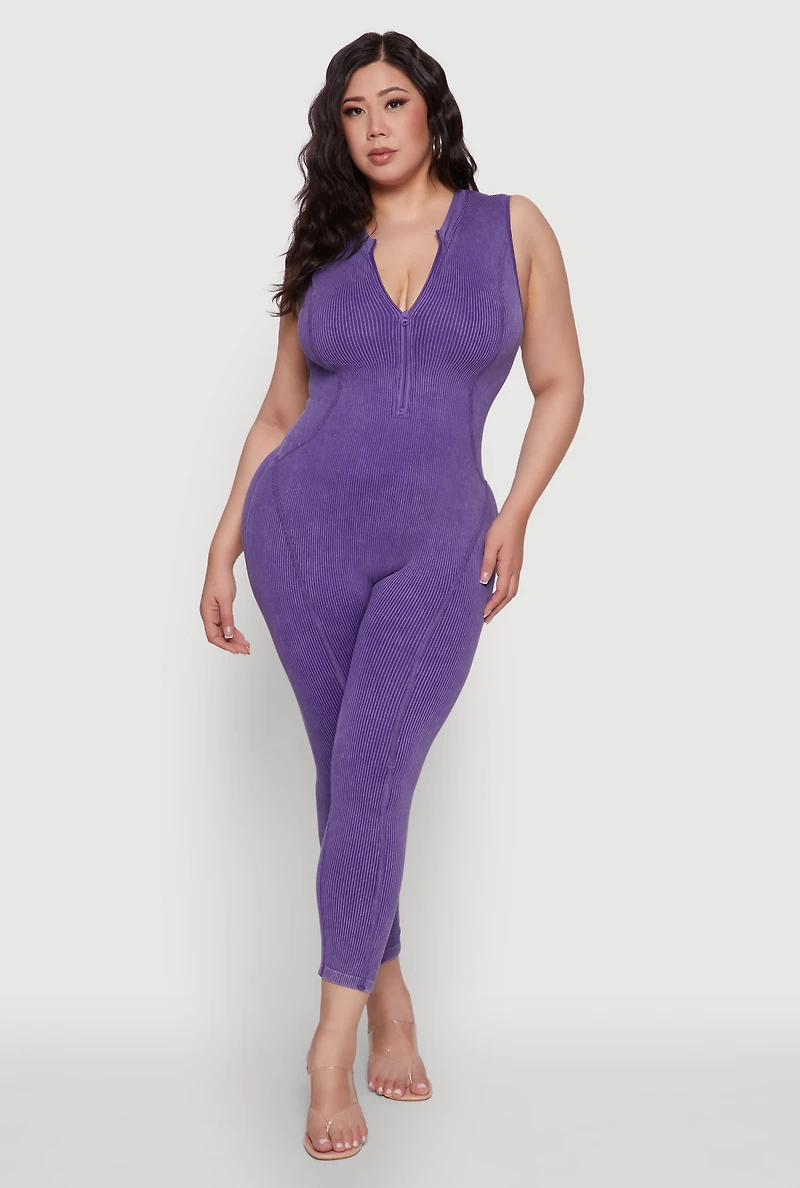 Seamless Ribbed Knit Sleeveless Jumpsuit with Zip Neck