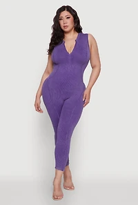 Seamless Ribbed Knit Sleeveless Jumpsuit with Zip Neck