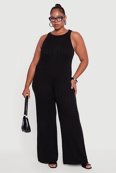 Womens Plus Size Ribbed Knit Sleeveless Jumpsuit with Keyhole Back, Black, Size 3X