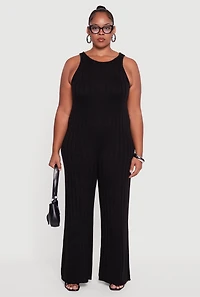 Womens Plus Size Ribbed Knit Sleeveless Jumpsuit with Keyhole Back, Black, Size 3X
