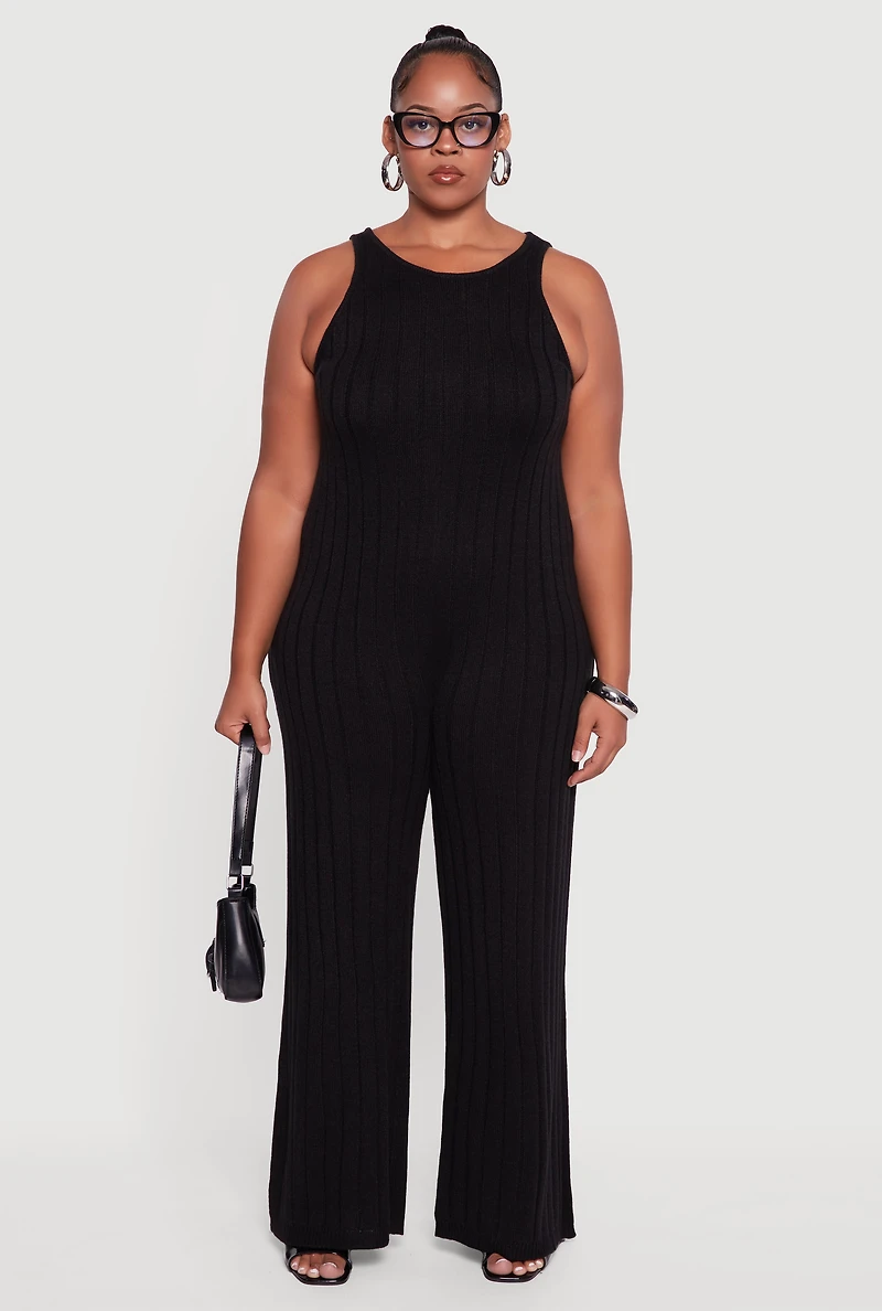 Womens Plus Size Ribbed Knit Sleeveless Jumpsuit with Keyhole Back, Black, Size 2X