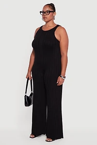 Womens Plus Size Ribbed Knit Sleeveless Jumpsuit with Keyhole Back, Black, Size 3X