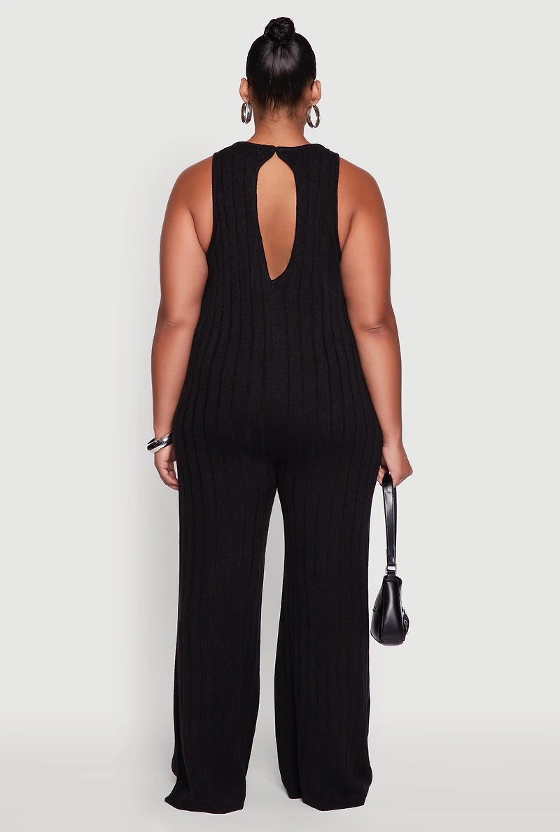 Womens Plus Size Ribbed Knit Sleeveless Jumpsuit with Keyhole Back, Black, Size 2X