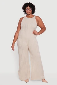 Womens Plus Size Ribbed Knit Sleeveless Jumpsuit with Keyhole Back, Beige, Size 1X