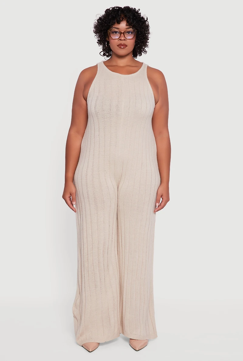 Womens Plus Size Ribbed Knit Sleeveless Jumpsuit with Keyhole Back, Beige, Size 1X