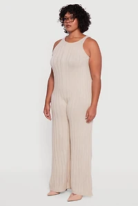 Womens Plus Ribbed Knit Sleeveless Jumpsuit with Keyhole Back,