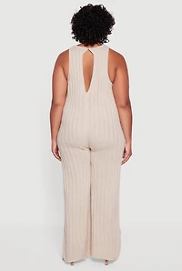 Womens Plus Size Ribbed Knit Sleeveless Jumpsuit with Keyhole Back, Beige, Size 1X