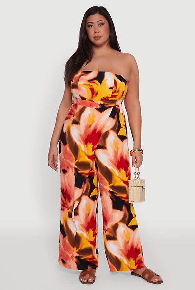 Womens Plus Strapless Printed Ruffle Overlay Jumpsuit, Multi,