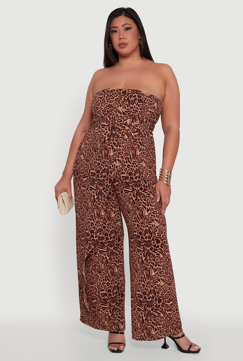 Plus Strapless Printed Ruffle Overlay Jumpsuit
