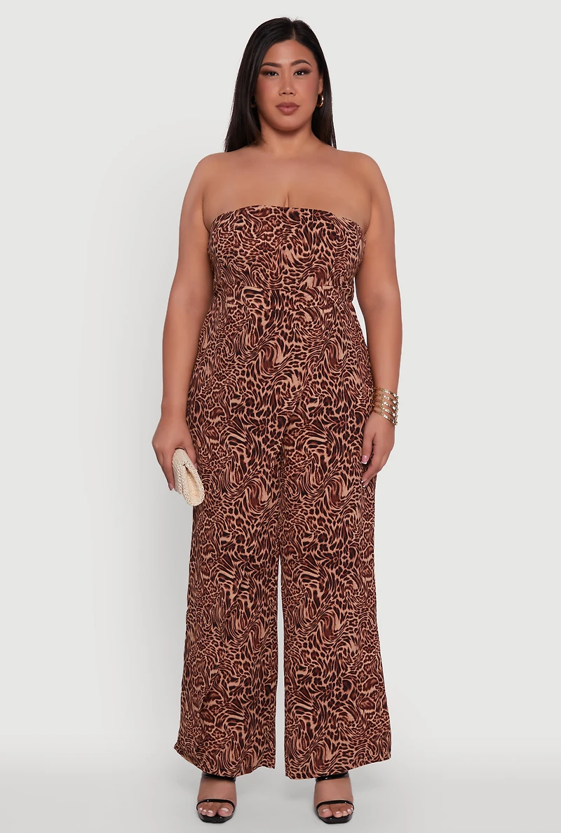 Womens Plus Size Strapless Printed Ruffle Overlay Jumpsuit, Multi, Size 1X