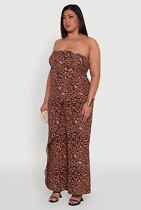Womens Plus Size Strapless Printed Ruffle Overlay Jumpsuit, Multi, Size 3X