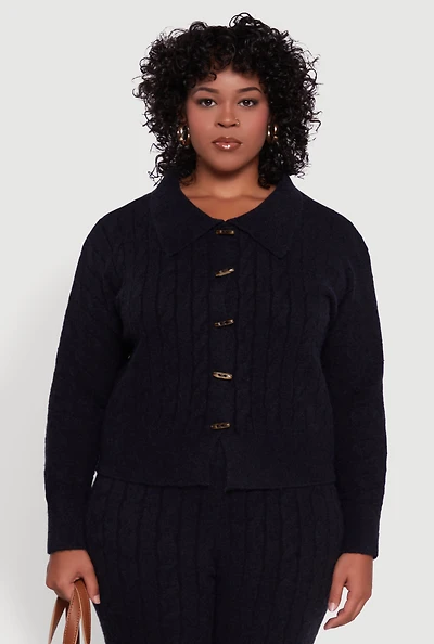 Womens Plus Size Cable Knit Button Front Cardigan, Black, Size 2X