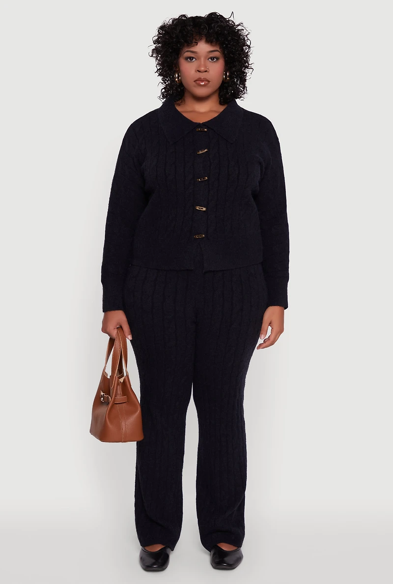 Womens Plus Cable Knit Button Front Cardigan,