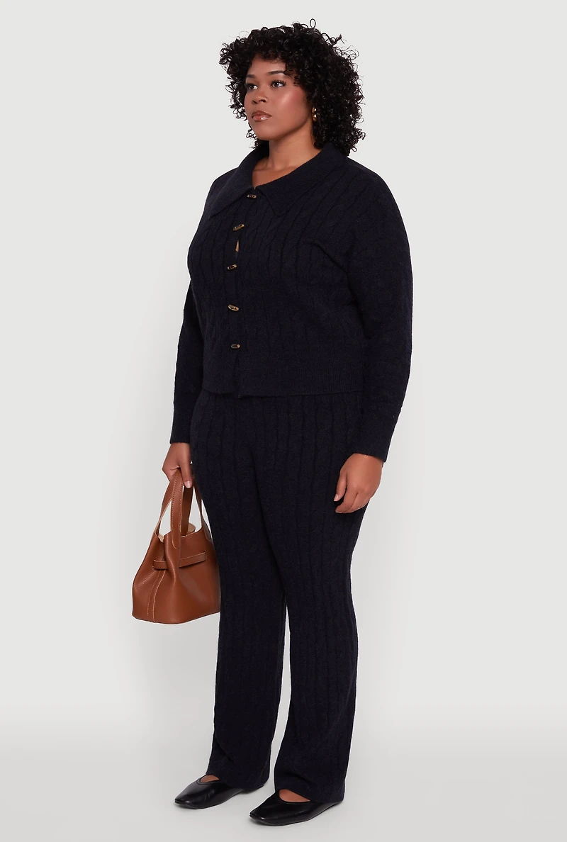 Womens Plus Size Cable Knit Button Front Cardigan, Black, Size 1X