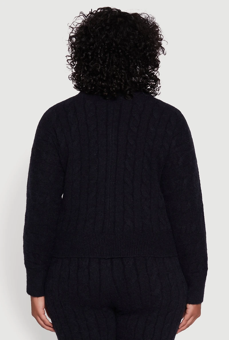 Womens Plus Size Cable Knit Button Front Cardigan, Black, Size 1X