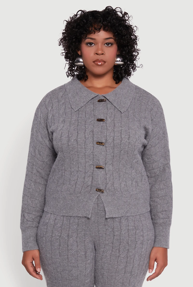 Womens Plus Size Cable Knit Button Front Cardigan, Grey, Size 3X