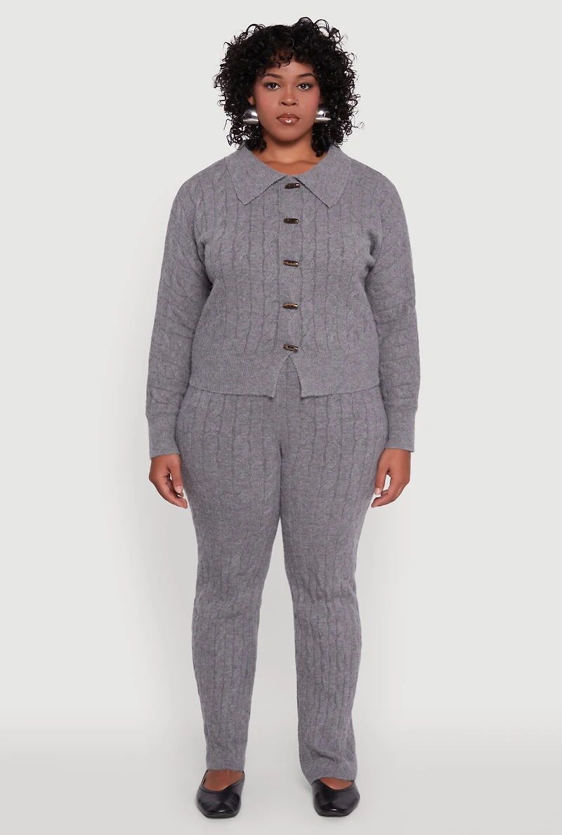 Womens Plus Size Cable Knit Button Front Cardigan, Grey, Size 3X