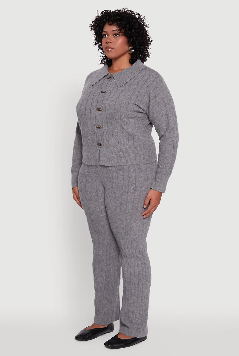 Womens Plus Size Cable Knit Button Front Cardigan, Grey, Size 3X