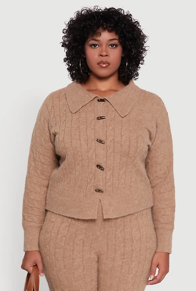 Womens Plus Size Cable Knit Button Front Cardigan, Grey, Size 2X