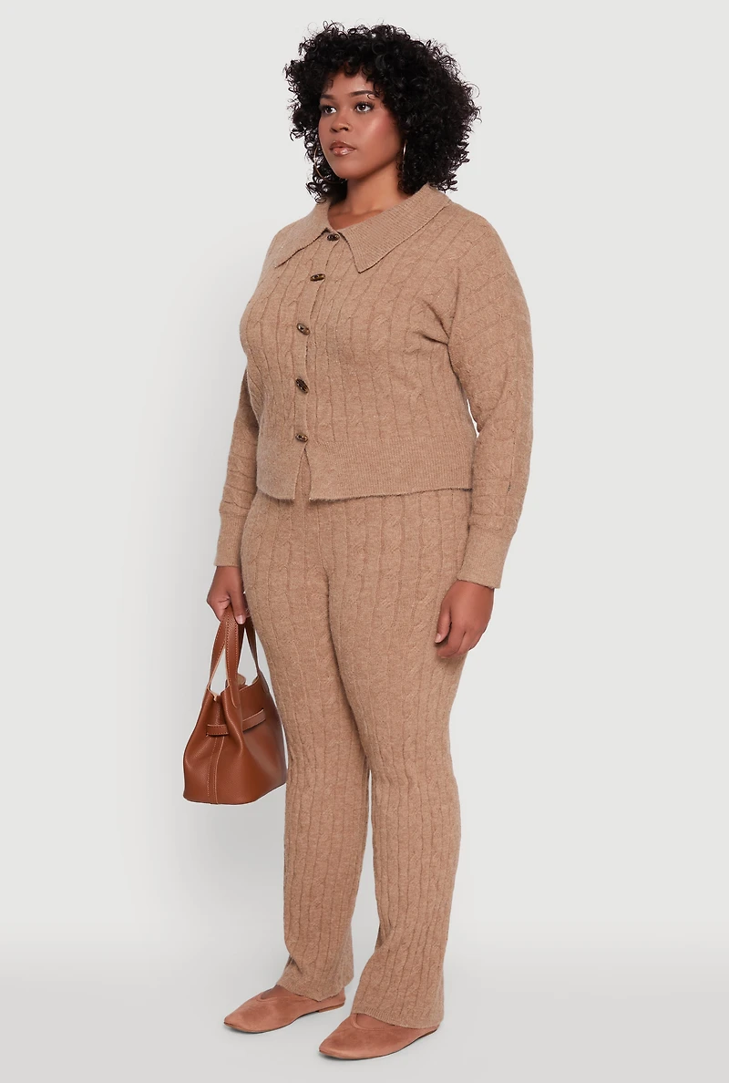 Womens Plus Size Cable Knit Button Front Cardigan, Grey, Size 2X