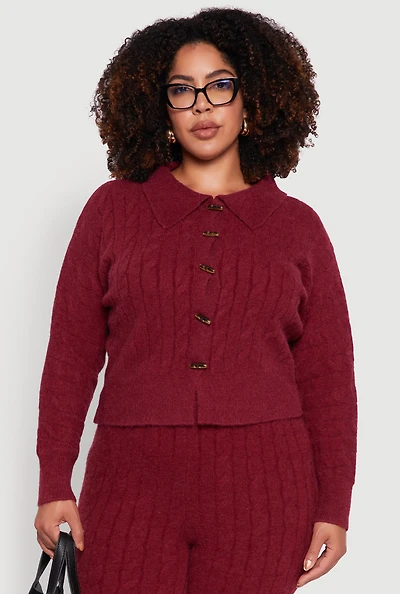 Womens Plus Cable Knit Button Front Cardigan,
