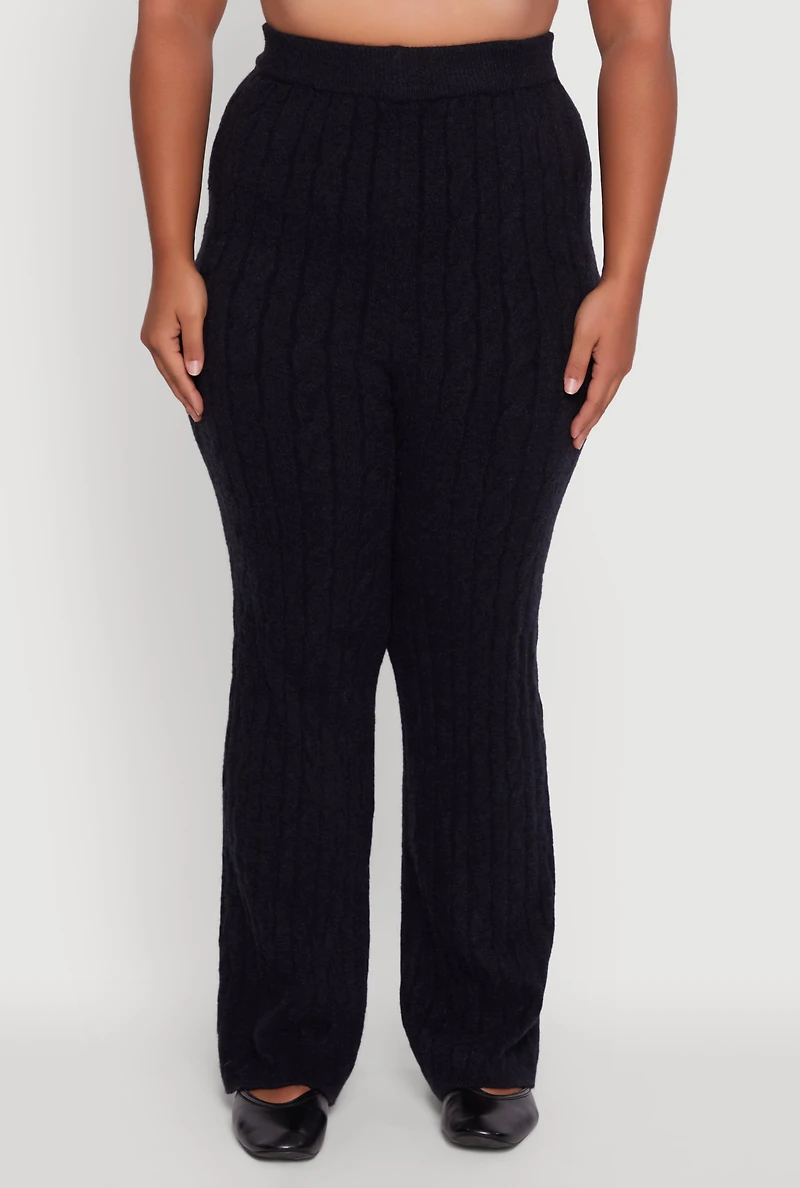 Womens Plus Size High Waisted Cable Knit Pants, Black, Size 1X