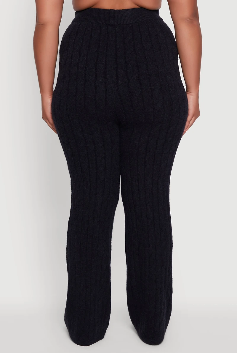 Womens Plus Size High Waisted Cable Knit Pants, Black, Size 1X