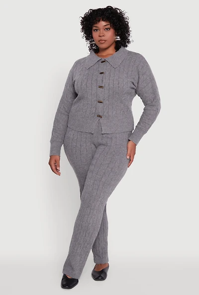 Womens Plus Size High Waisted Cable Knit Pants, Grey, Size 3X