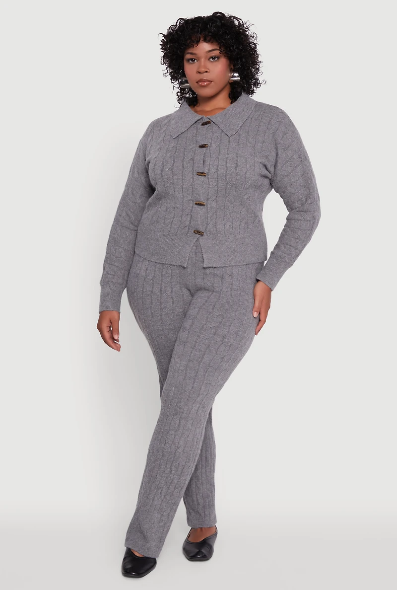 Womens Plus Size High Waisted Cable Knit Pants, Grey, Size 2X