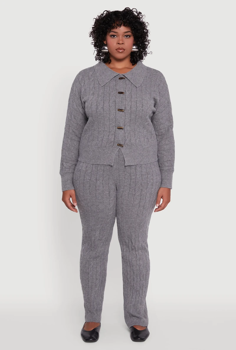 Womens Plus Size High Waisted Cable Knit Pants, Grey, Size 2X