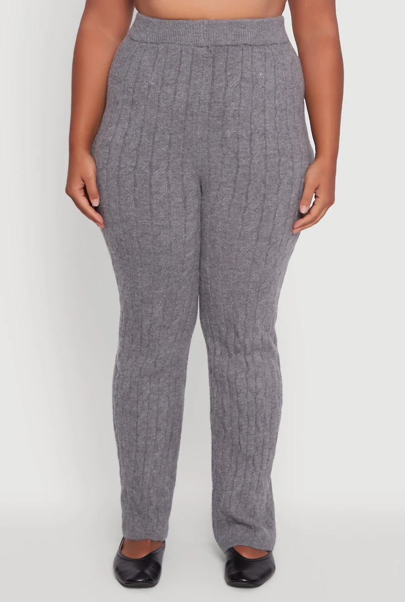 Womens Plus High Waisted Cable Knit Pants, Grey,