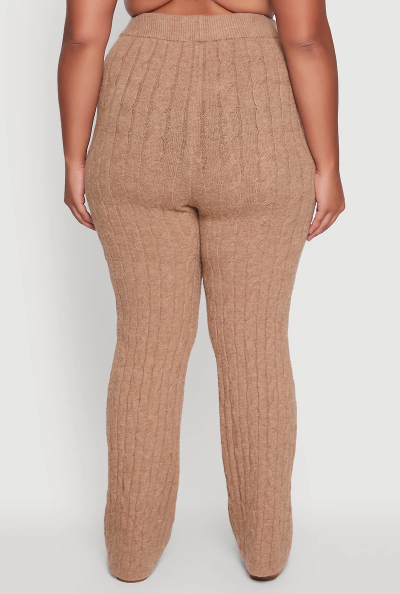 Womens Plus Size High Waisted Cable Knit Pants, Beige, Size 2X