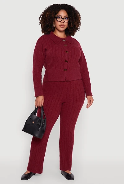 Womens Plus Size High Waisted Cable Knit Pants, Burgundy, Size 2X