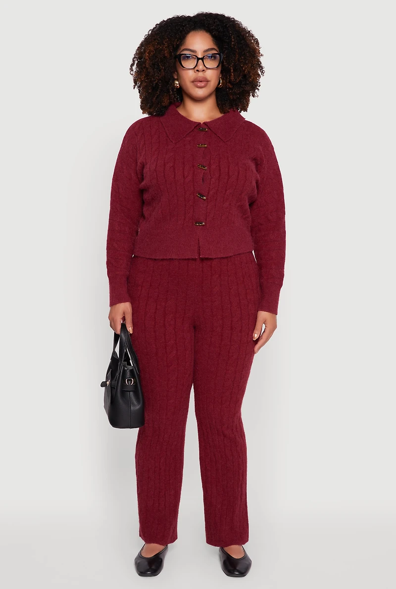 Womens Plus Size High Waisted Cable Knit Pants, Burgundy, Size 2X