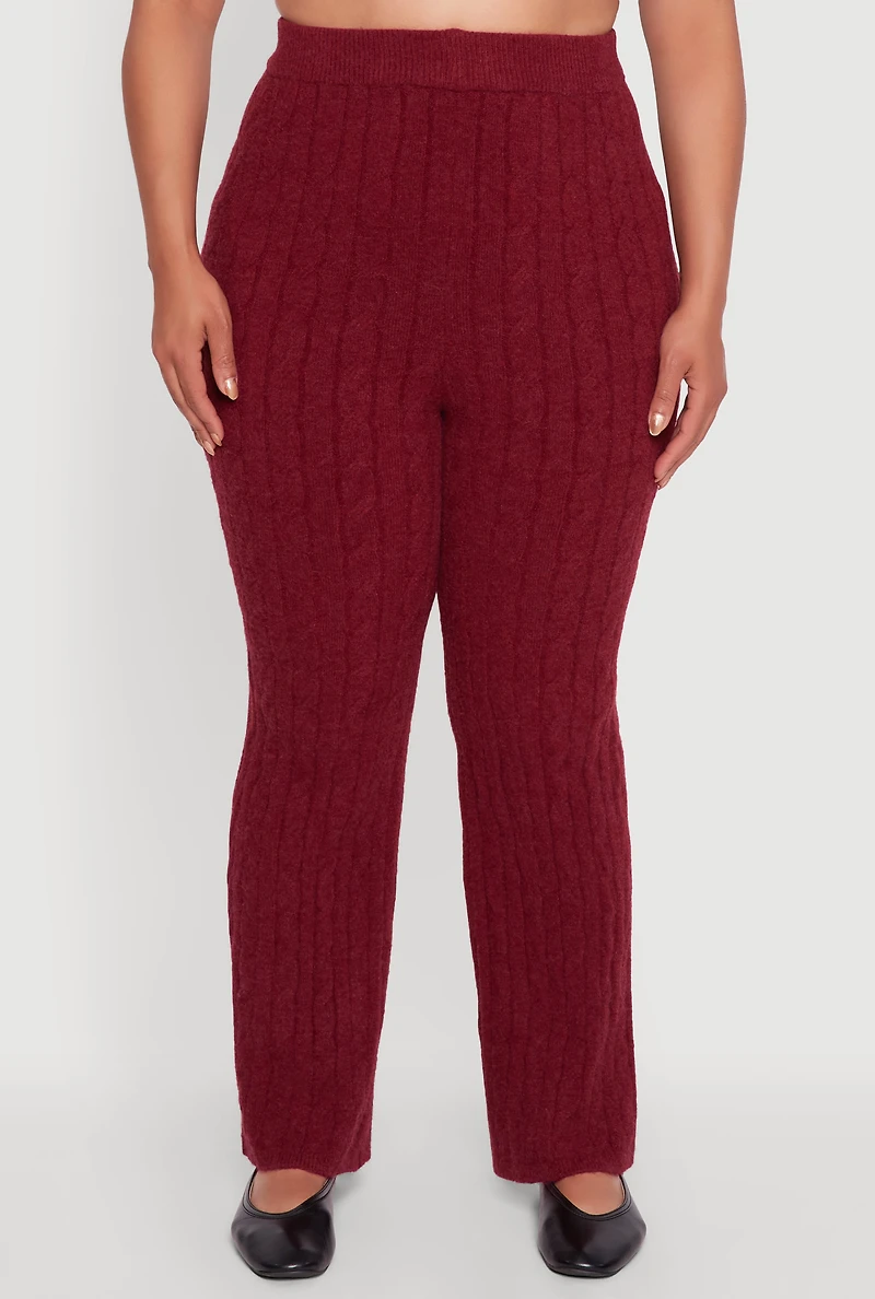 Womens Plus Size High Waisted Cable Knit Pants, Burgundy, Size 2X
